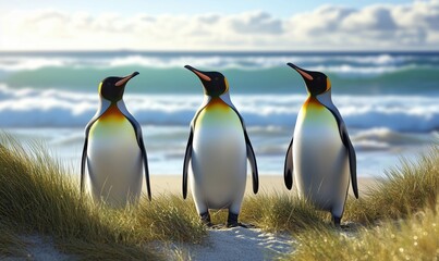 Fototapeta premium Three king penguins standing on beach with ocean waves in background