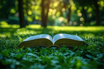 Open book on grass in park, sunlight, reading