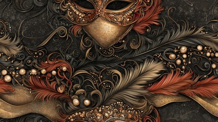 A beautifully ornate mask adorned with feathers and pearls, set against a textured dark background, exuding mystery and elegance.
