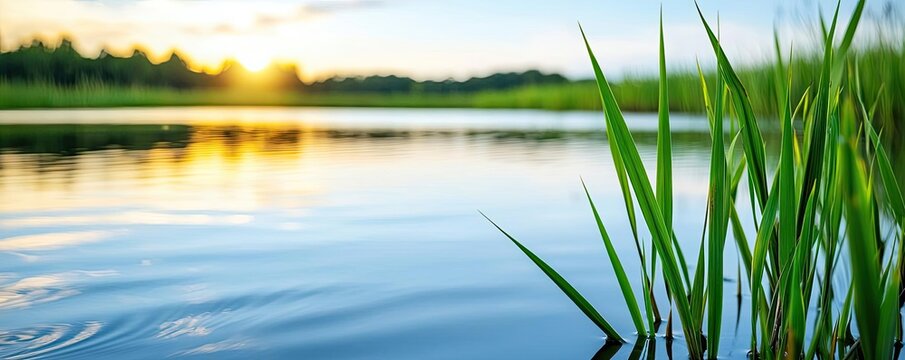Earth day environmental idea. Serene water surface reflects sunlight with green grass in the foreground and blue sky.