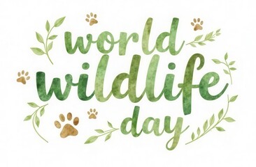 Watercolor-style illustration of the words 'World Wildlife Day' in shades of green and earthy brown with leaves, branches, and animal paw prints