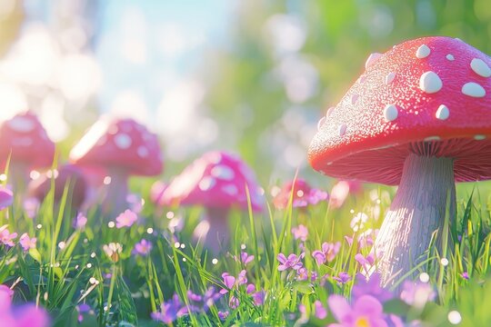 A breathtakingly beautiful landscape of wonderland, complete with mushrooms and lilies, is both surreal and enchanting, making it perfect for fantasy designs and content related to nature
