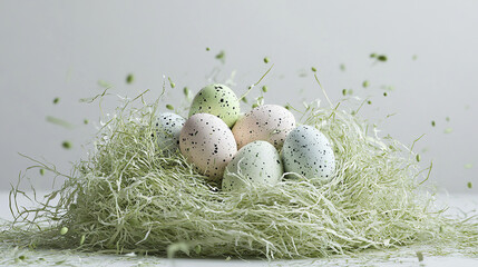 Obraz premium nest of green shredded grass holds pastel Easter eggs