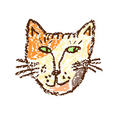 Calico cat. Face or muzzle of smiling happy cat. Crayon like kid`s hand drawn funny kitty. Cute cartoon friendly doodle character. Vector pastel chalk or pencil childlike style
