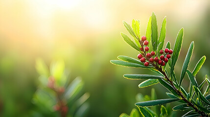 Closeup of Red Berries and Dewy Green Leaves in Soft Sunlight