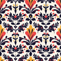 A vibrant floral pattern featuring bold colors and intricate designs, set against a light background, perfect for textiles or wallpaper.