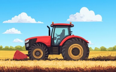 Obraz premium Red Tractor Plowing a Golden Field Under a Sunny Sky