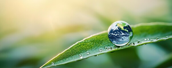 Earth day environmental concept. A close-up of a dew drop on a leaf reflecting the Earth, symbolizing nature's beauty.