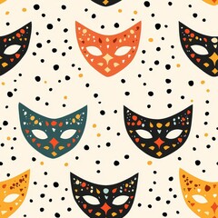 A vibrant pattern featuring colorful masquerade masks on a light background, accented with playful dots.