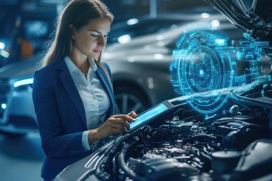 A female automotive engineer uses a tablet to diagnose a car engine with augmented reality.