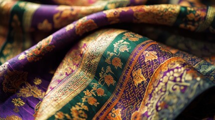 Luxurious Silk Fabric  Purple Green Gold Texture  Detailed Closeup