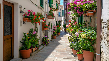 Vibrant Flower Pots Line Sunny Mediterranean Alley