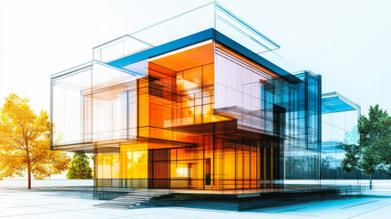 Modern architectural design showcasing geometric shapes and transparent materials in a sunlit outdoor environment