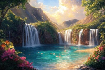 Naklejka premium paradise cove with multiple cascading waterfalls, surrounded by exotic flowers and emerald pools, bathed in golden tropical sunlight