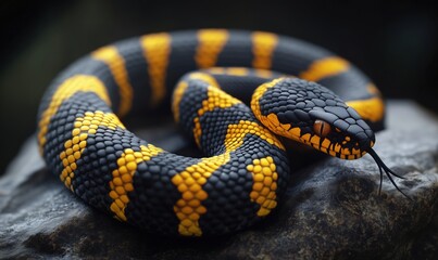 Obraz premium Striking black and yellow snake resting on rock with intricate scale patterns