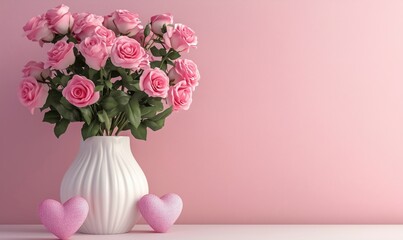 Naklejka premium Pink roses bouquet in white vase with decorative hearts on pink background