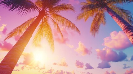 Naklejka premium The image features palm trees set against a vibrant sunset sky, evoking a summer vacation atmosphere with a blend of retrowave, synthwave, and vaporwave elements, all presented in a distinctive retro