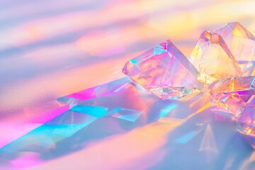 Abstract background featuring holographic rainbow flare reflections alongside geometric light reflections. Overlaid with a blurred rainbow light refraction texture effect for photos
