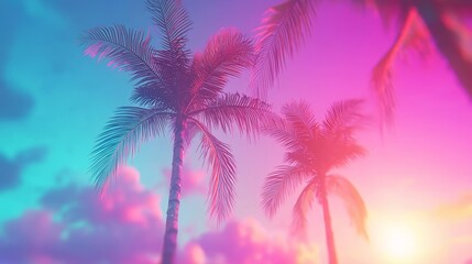 The visual representation of a summer vacation is embodied by palm trees juxtaposed with a vibrant sunset sky, embracing the unique blend of retrowave, synthwave, and vaporwave aesthetics, and
