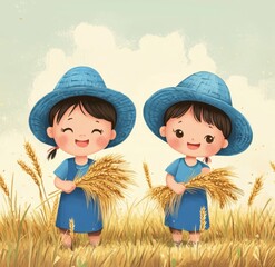 Smiling Children Harvesting Wheat in a Golden Field