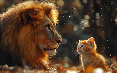 Fototapeta premium Majestic Lion Gazing at Kitten Reflection in Golden Light 
