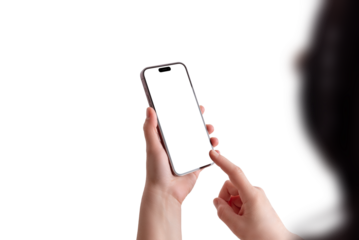 Woman holds a smartphone, touching the screen. Mockup with an isolated white background for app design, technology, or digital interface.