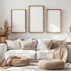 Minimalist living room interior with a white sofa. beige cushions. and three empty frames on the wall