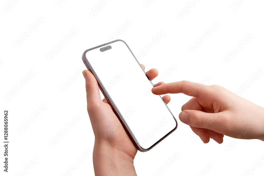 Leinwandbilder close-up of a smartphone held vertically, with a child's right hand interacting with the screen. iso