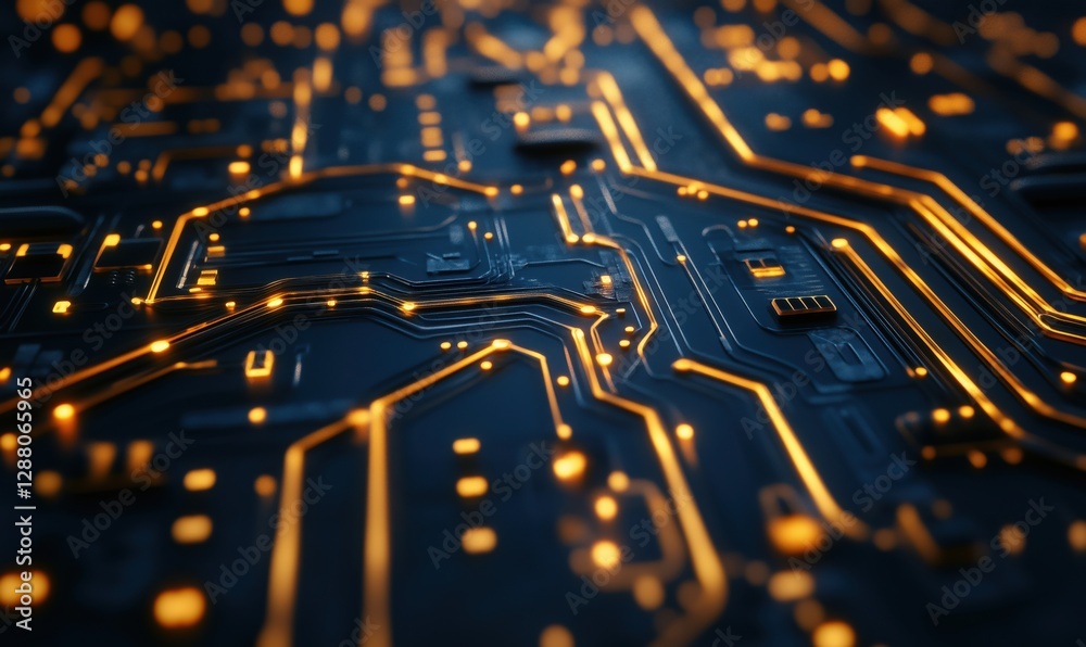 Poster abstract close-up of glowing circuit board with intricate patterns and connections
