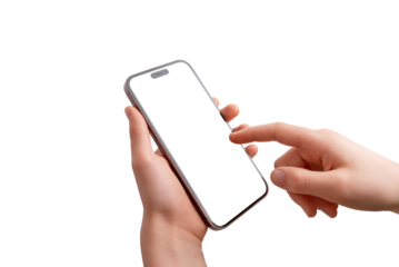 Close-up of a smartphone held vertically, with a child's right hand interacting with the screen. Isolated display and background, ideal for mobile app or game previews.