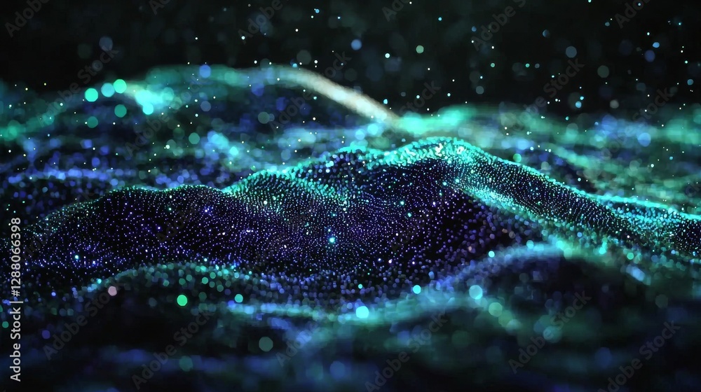 Poster a digital landscape composed of glowing blue and green neon dots linked by thin luminous lines forms