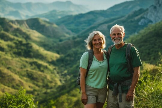 Happy senior couple enjoying a scenic hike in the mountains, embracing nature and their retirement.
