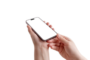 Woman holds a modern smartphone with a soft skin texture. Low-angle view, isolated screen and background, perfect for app mockup.