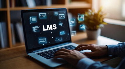 LMS Education Software on Laptop, E-learning System Dashboard Interface, Online Learning Management Platform