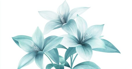 Fototapeta premium Vintage-style illustration of turquoise watercolor flowers on a white background, suitable for greeting cards, wedding posters, and invite templates
