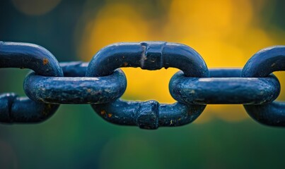Close-up of a rusty metal chain link with blurred yellow background