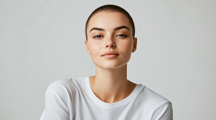 Elegant Young Woman with Short Hair in White T-Shirt
