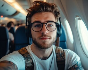 A handsome man with tattoos and headphones takes a selfie on an airplane, looking directly into the camera with intense eyes.