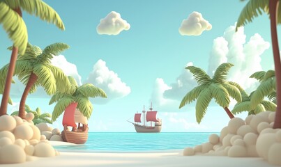 Obraz premium Tropical beach scene with cartoon ships and palm trees under a blue sky