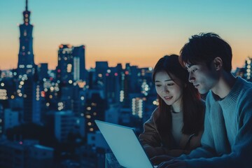 Young couple working on laptop at night with cityscape backdrop.