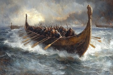 Historic Viking longship navigating turbulent waters with crew preparing for battle
