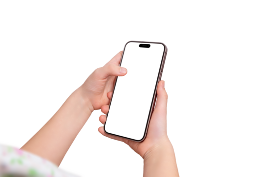 Young girl holds a smartphone in one hand while touching the screen with the other. Over the shoulder view, isolated display and background for mockup.
