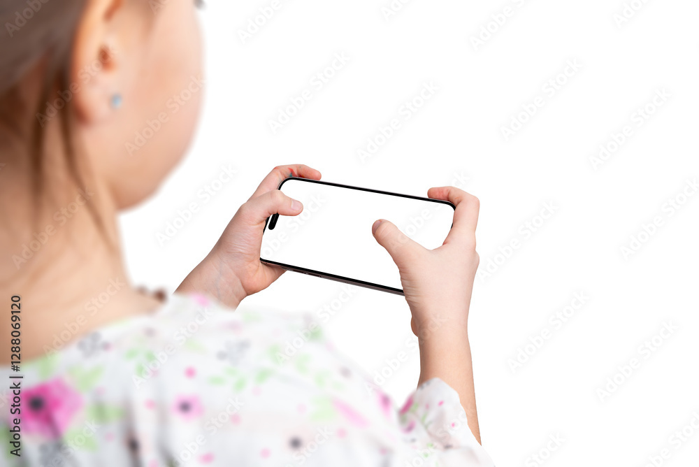 Leinwandbilder young girl holds a smartphone horizontally, playing a game or using an app. over the shoulder view, 