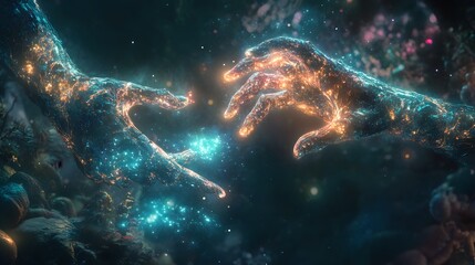 Fototapeta premium Celestial Connection: Two hands, ablaze with ethereal light and cosmic patterns, reach towards each other in a visually stunning depiction of creation, connection, and the infinite.