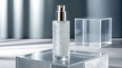 Elegant skincare mockup of a frosted glass toner bottle Elegant glass bottle on display podium
