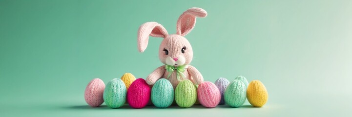 A knitted toy Easter bunny holding egg, surrounded by colorful knitted Easter eggs on a turquoise background, copy space