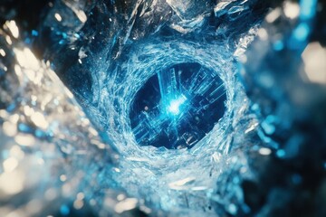 quantum computer processor chip emerging from crystalline structure, bioluminescent circuits pulsing with energy, deep blue and silver tones