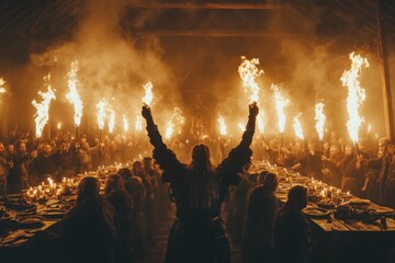 Celebration with fire and feasting in a historical gathering at night in a rustic setting