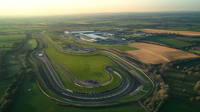 British Grand Prix Circuit View: Silverstone Race Track Layout from Above with Straightaways, Corners, and Paddock Areas