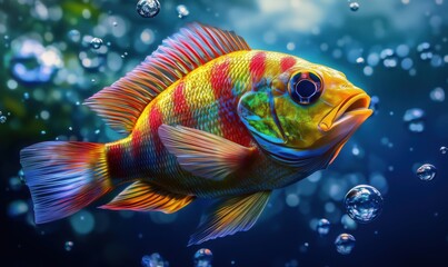 Fototapeta premium Vibrant underwater scene featuring colorful fish swimming among bubbles